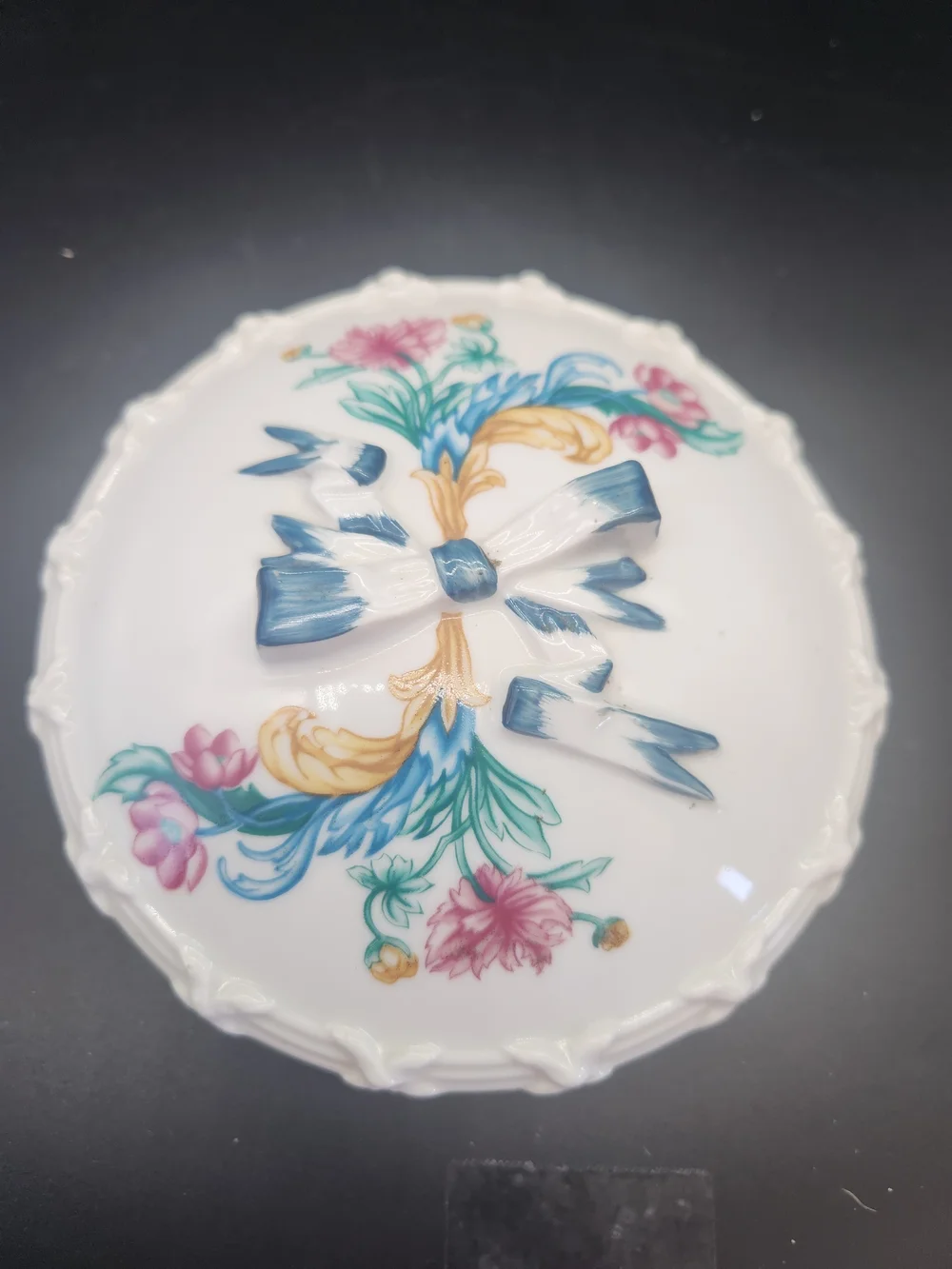 Porcelain Floral Trinket Dish with Bow Lid - White, Blue, Pink, Yellow